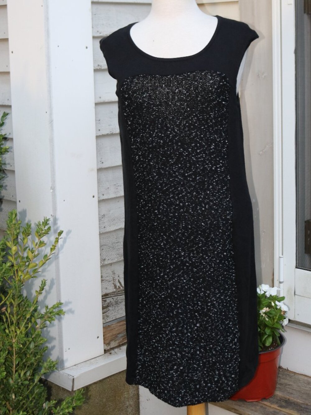 APT 9 Black Grey Knit Boucle Tweed Panel Cap Sleeve Sheath Sweater Dress XL